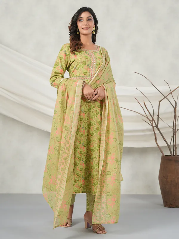Grass green cotton printed kurti set