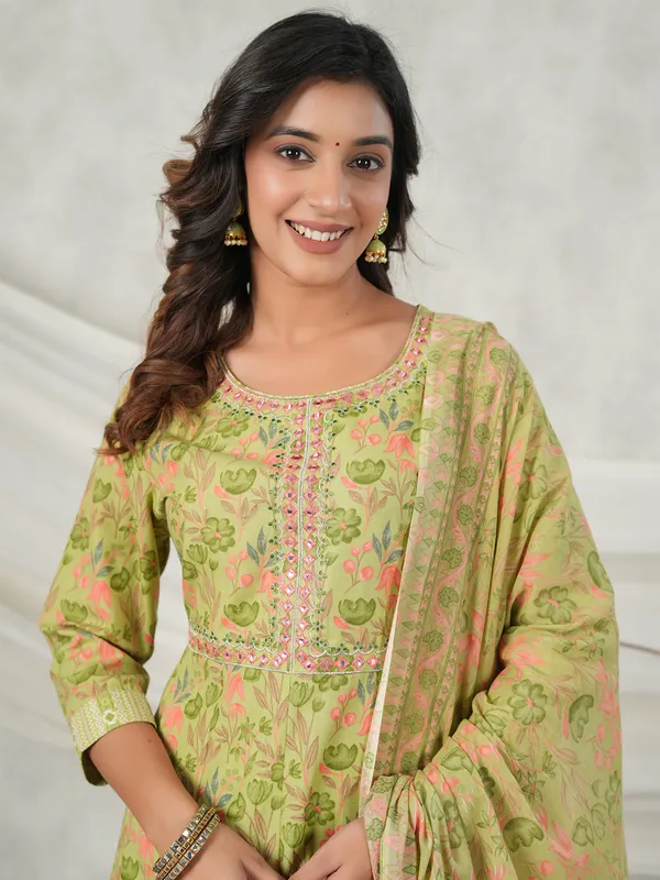 Grass green cotton printed kurti set