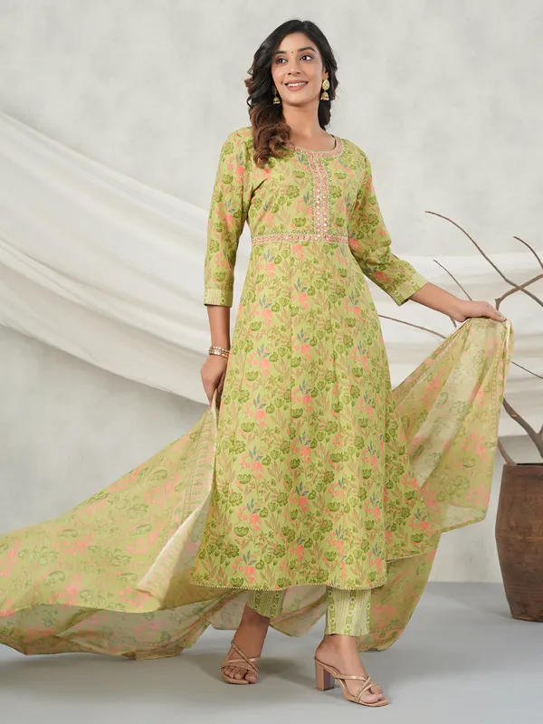 Grass green cotton printed kurti set