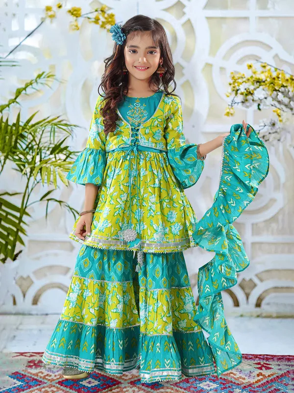 Green and aqua printed sharara suit