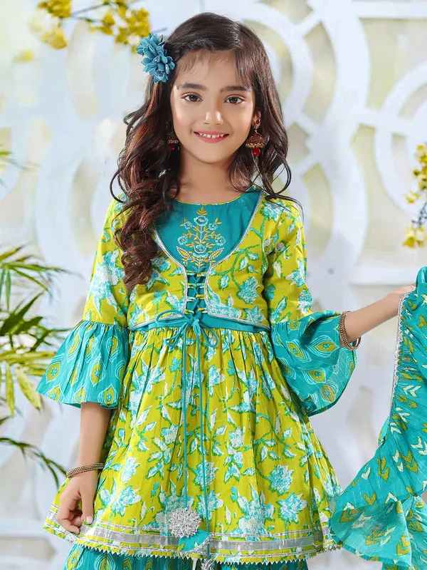 Green and aqua printed sharara suit