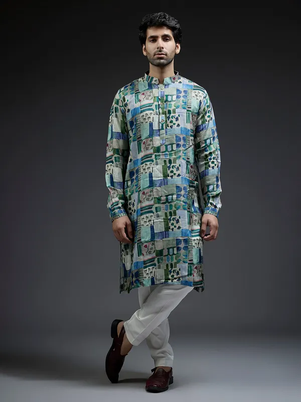 Green and blue coral printed kurta sui in silk for men