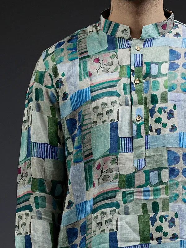 Green and blue coral printed kurta sui in silk for men