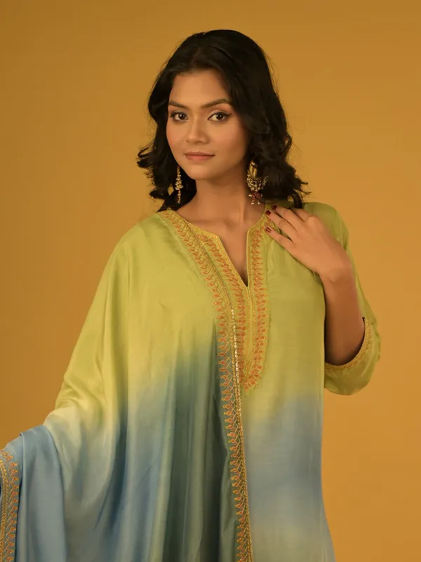 green and blue shaded palazzo suit in soft modal silk