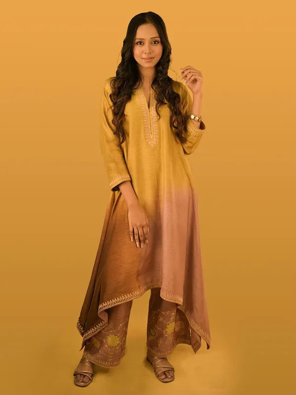 Yellow and brown silk festive wear palazzo suit
