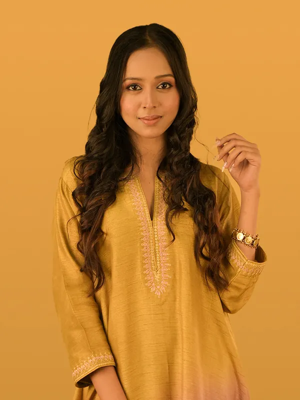 Yellow and brown silk festive wear palazzo suit