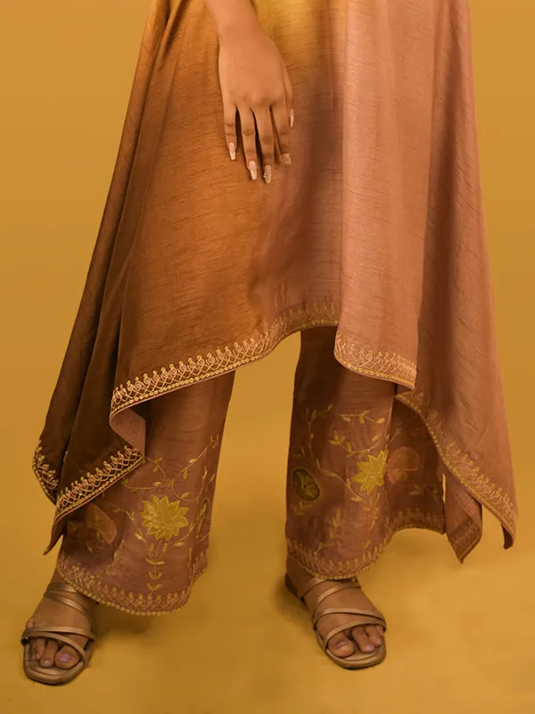 Yellow and brown silk festive wear palazzo suit