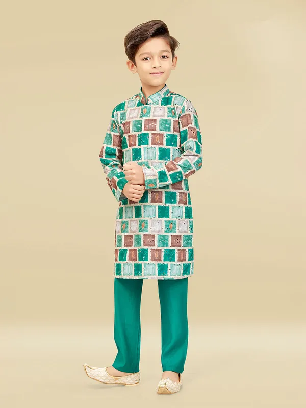 Green and cream silk checks kurta pajama