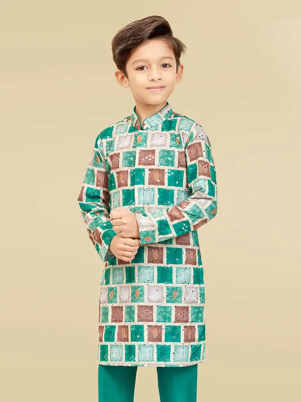 Green and cream silk checks kurta pajama