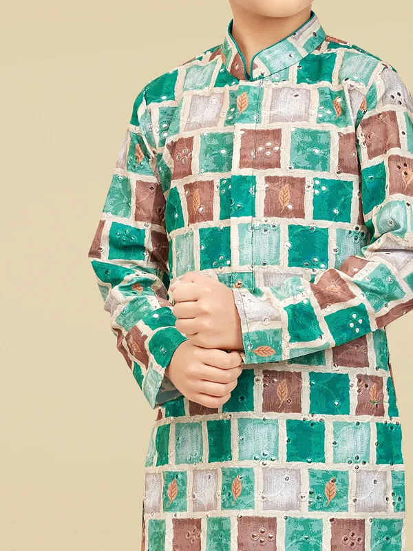 Green and cream silk checks kurta pajama