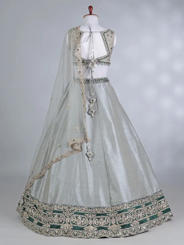 Green and grey raw silk lehenga choli with dupatta