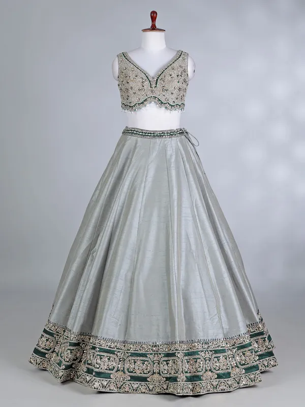 Green and grey raw silk lehenga choli with dupatta