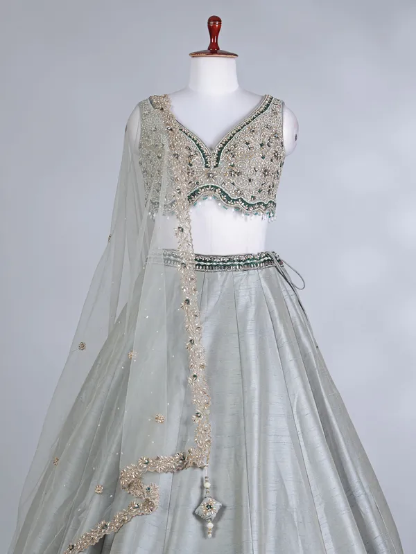Green and grey raw silk lehenga choli with dupatta