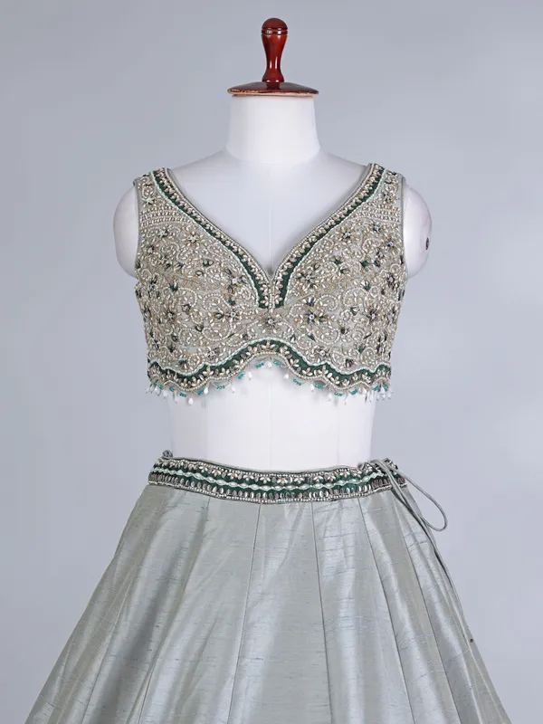 Green and grey raw silk lehenga choli with dupatta