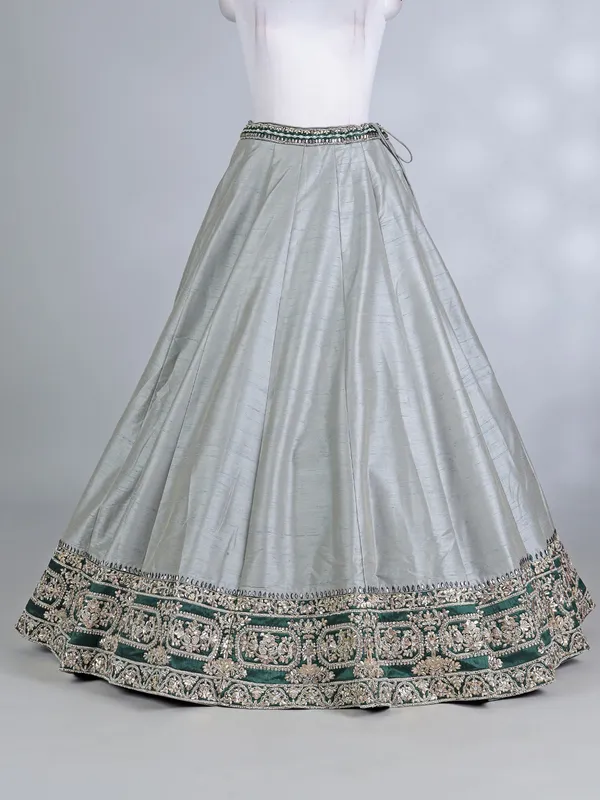 Green and grey raw silk lehenga choli with dupatta