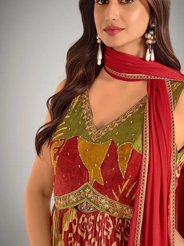 Green and maroon silk designer suit