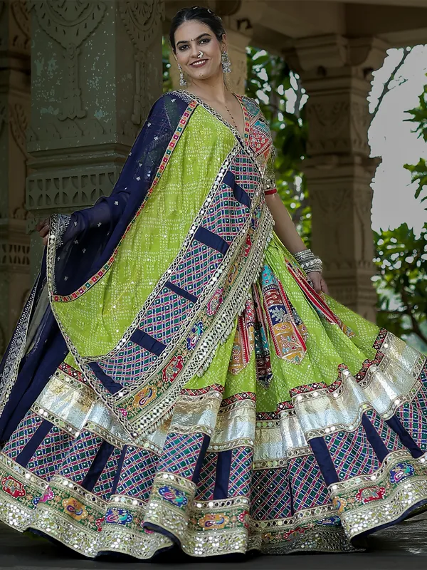 Green and navy navratri special silk lehenga choli