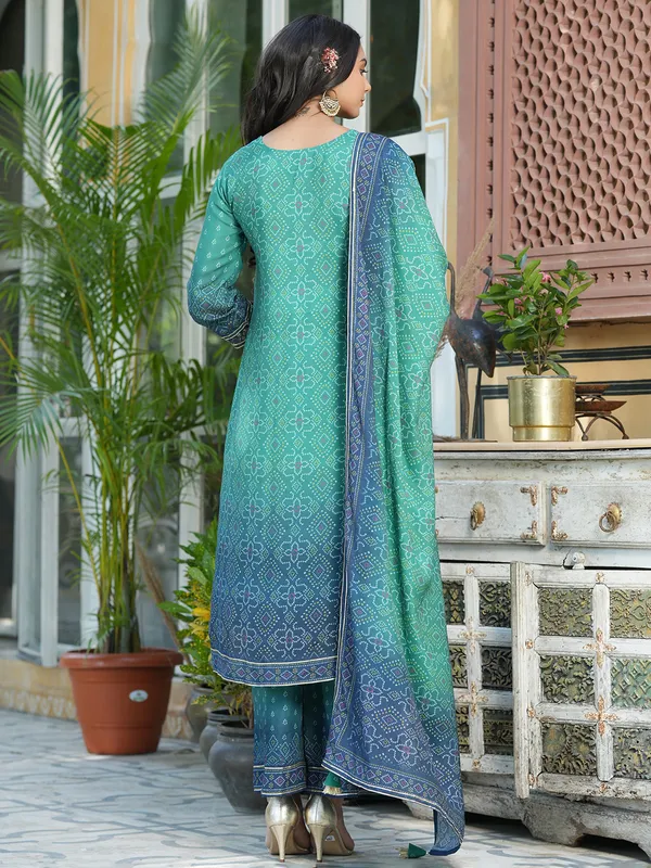 Green and navy silk printed kurti set