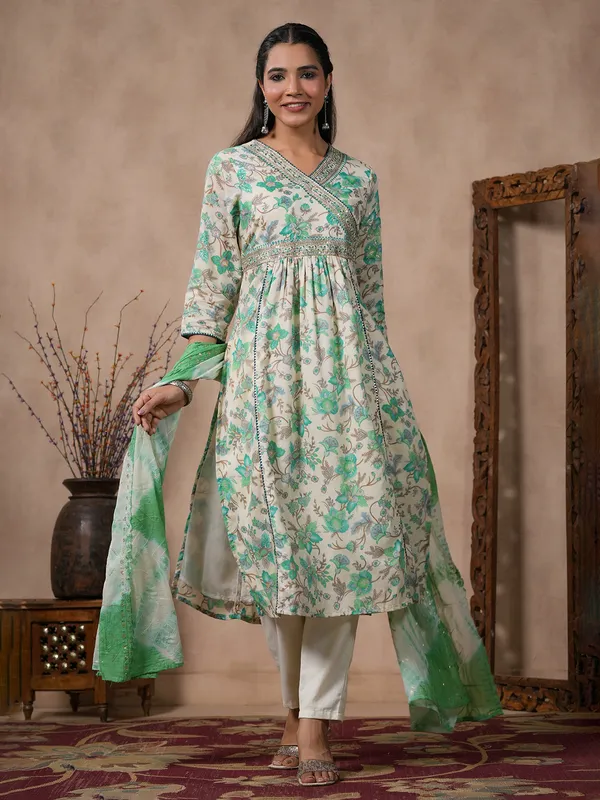 Green and off white printed kurti set