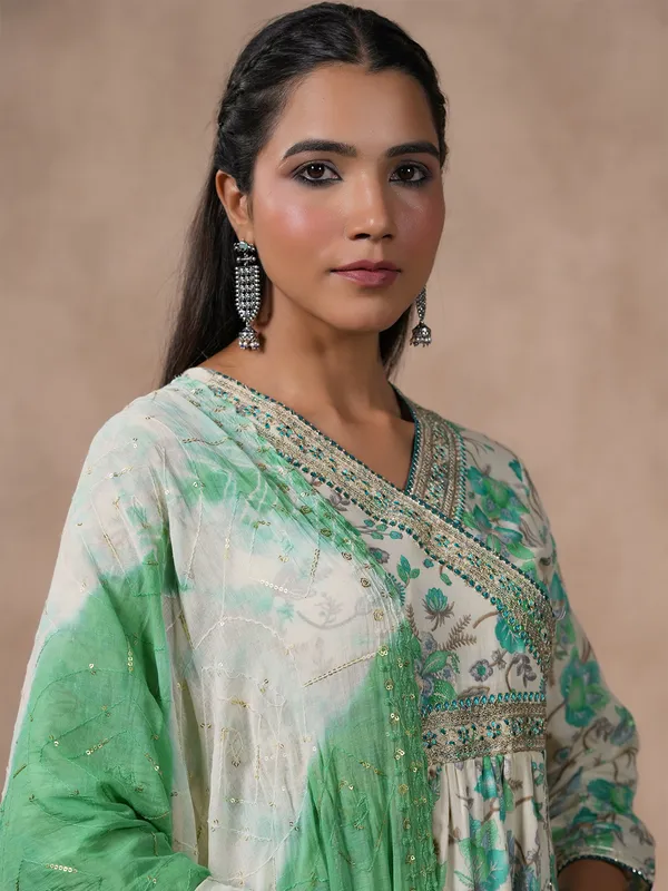 Green and off white printed kurti set
