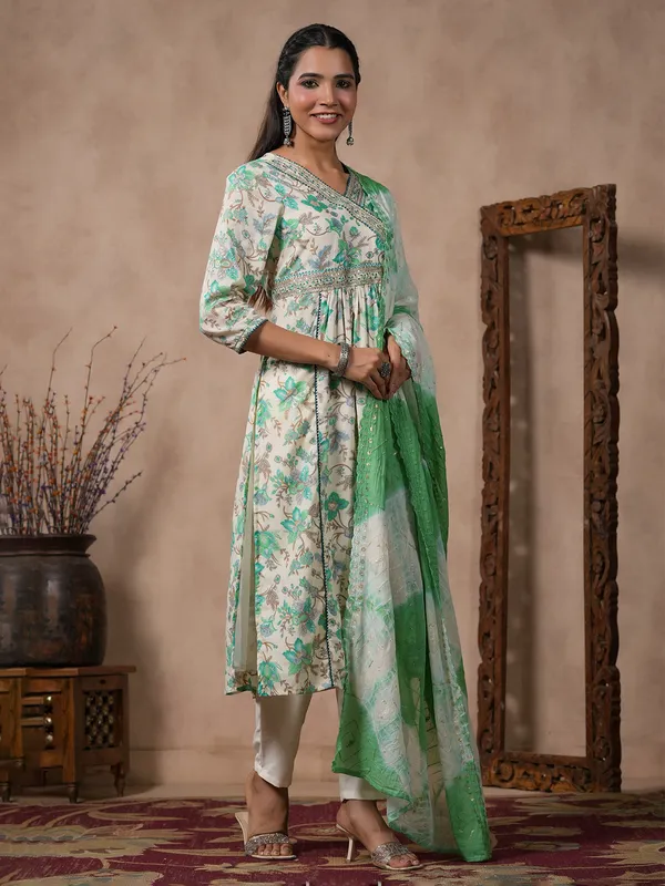 Green and off white printed kurti set