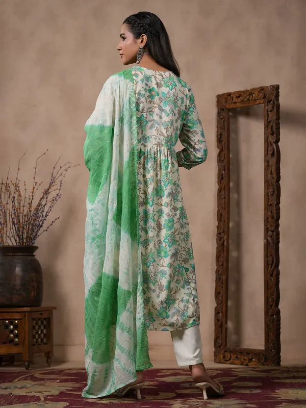 Green and off white printed kurti set
