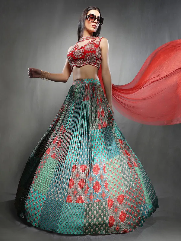 Green printed lehenga choli with dupatta