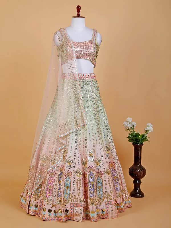 Green and peach raw silk lehenga choli
