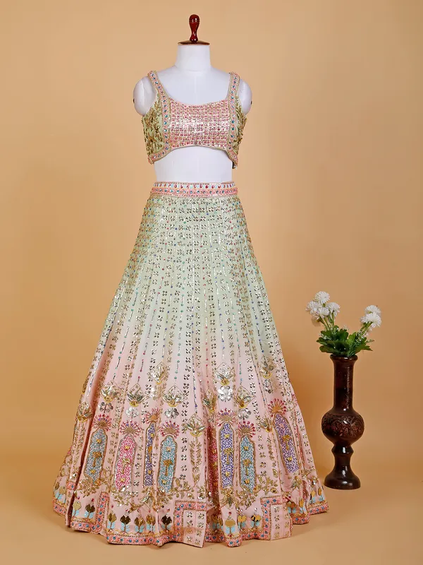 Green and peach raw silk lehenga choli
