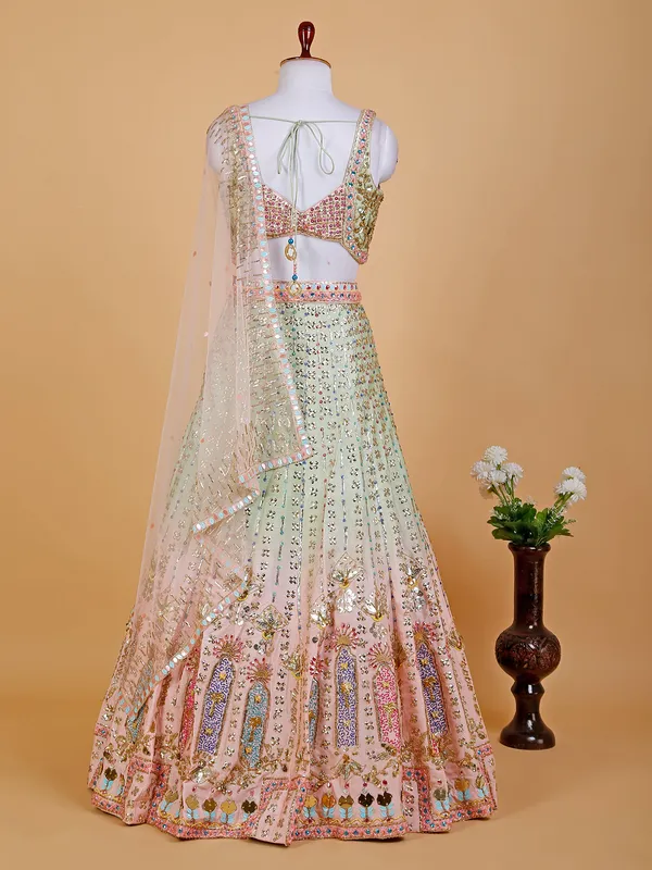 Green and peach raw silk lehenga choli