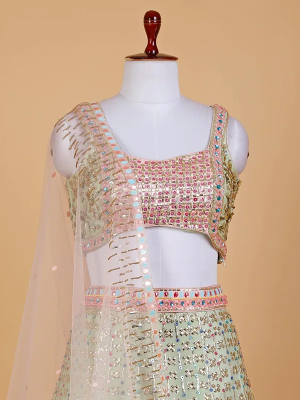 Green and peach raw silk lehenga choli