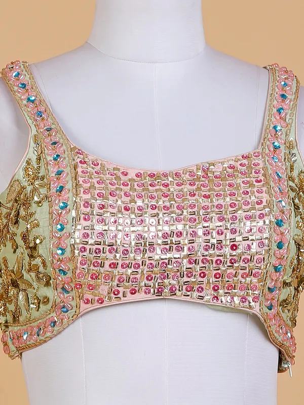 Green and peach raw silk lehenga choli