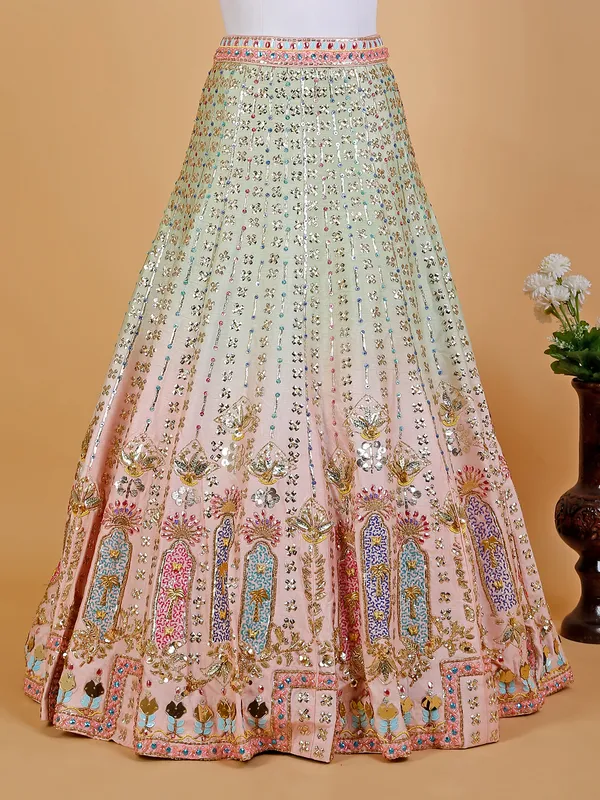 Green and peach raw silk lehenga choli