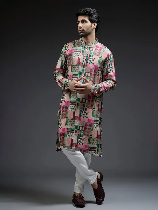 Green and pink coral printed kurta sui in silk for men