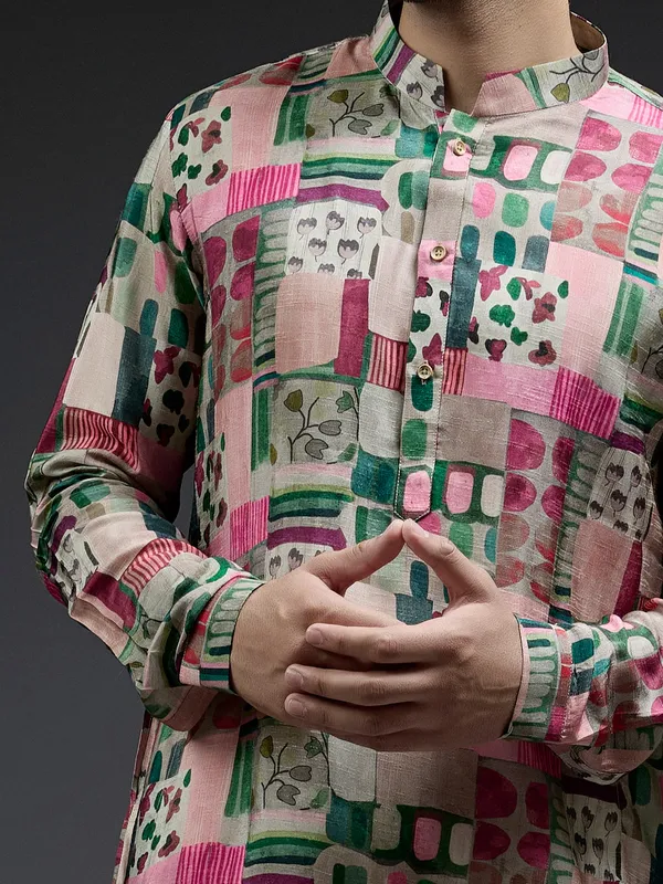 Green and pink coral printed kurta sui in silk for men