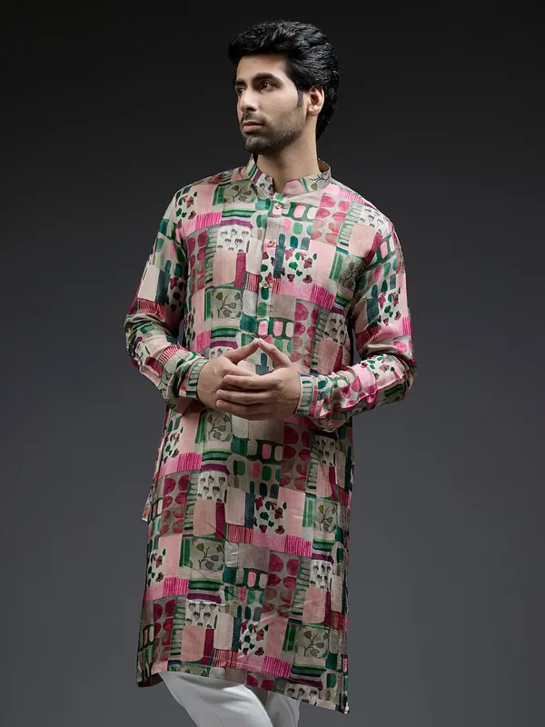 Green and pink coral printed kurta sui in silk for men
