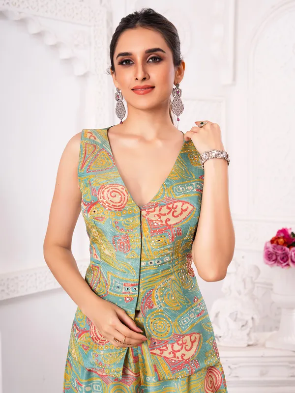 Green and sky blue printed silk sharara suit