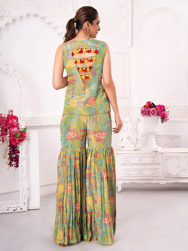 Green and sky blue printed silk sharara suit