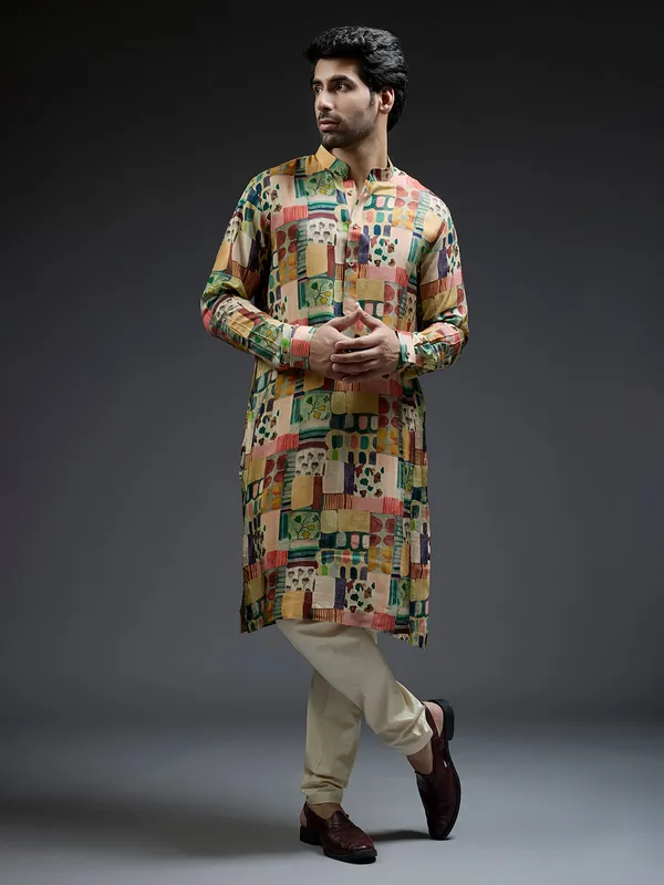 Green and yellow coral printed kurta sui in silk for men
