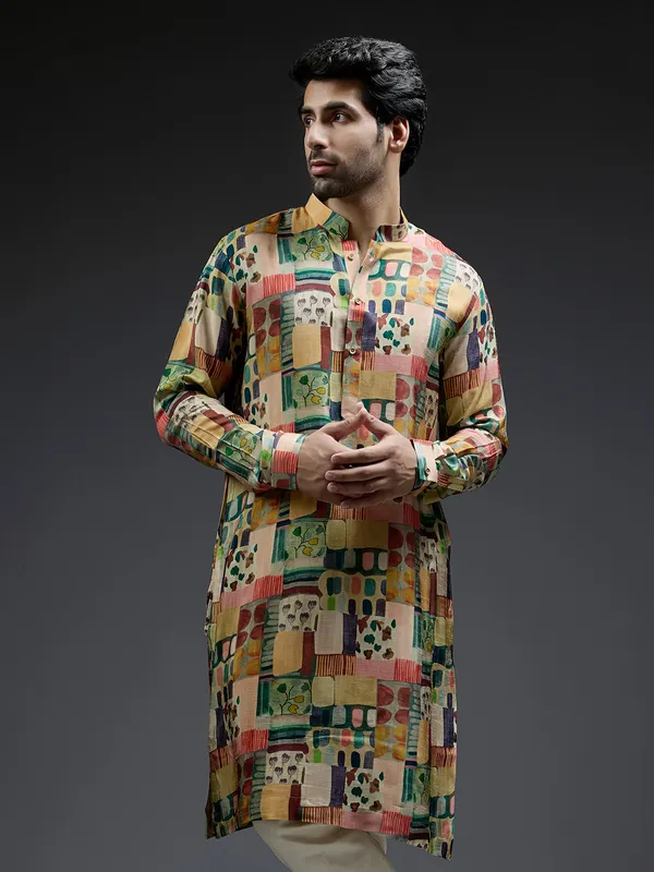 Green and yellow coral printed kurta sui in silk for men