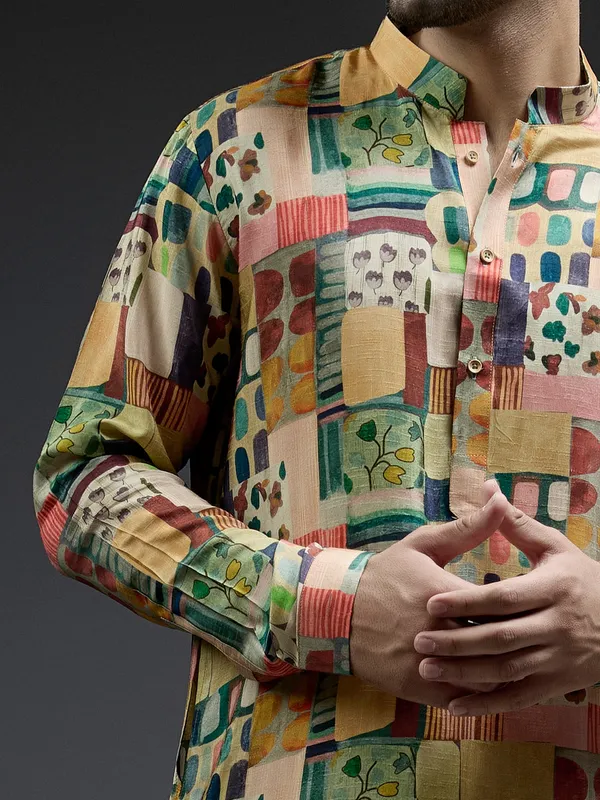 Green and yellow coral printed kurta sui in silk for men