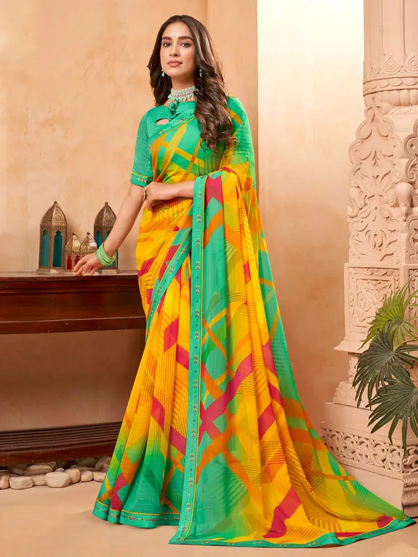 Green and yellow georgette printed saree