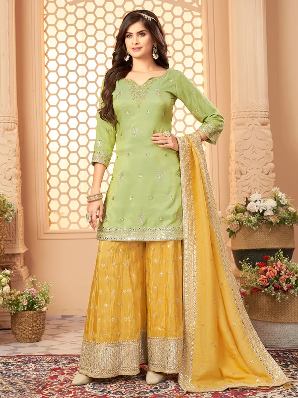 Green and yellow silk sharara suit