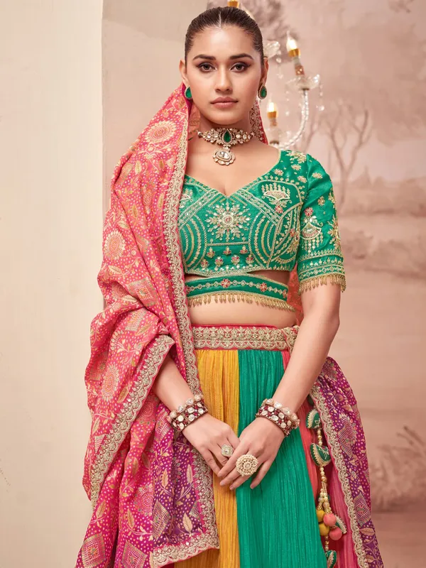 Green and yellow unstitched lehenga choli