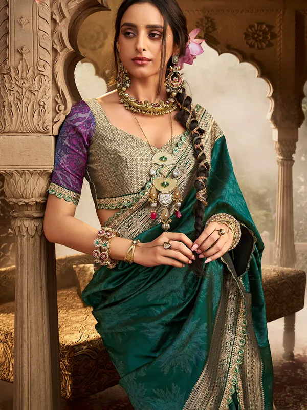 Green banarasi silk saree with zari border