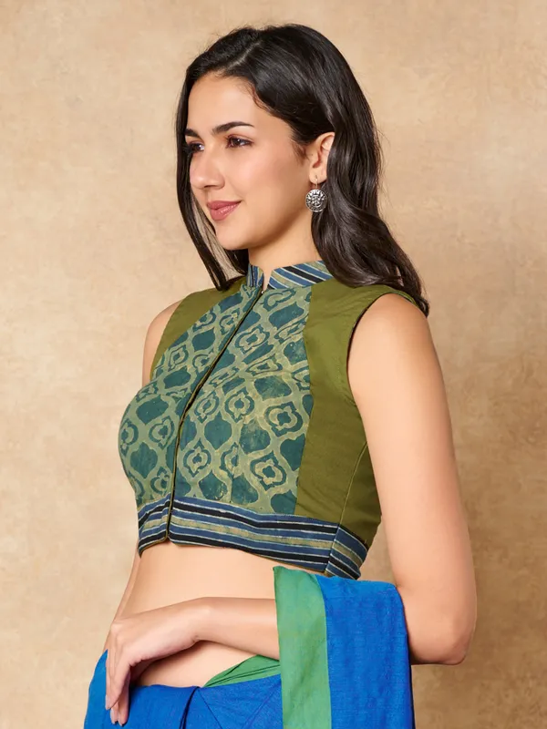 Green batik hand block printed cotton ready made blouse