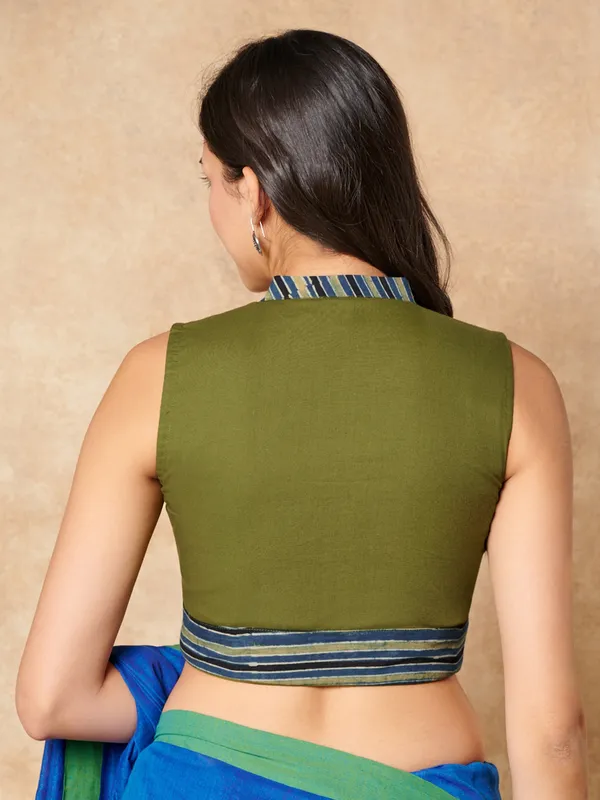 Green batik hand block printed cotton ready made blouse