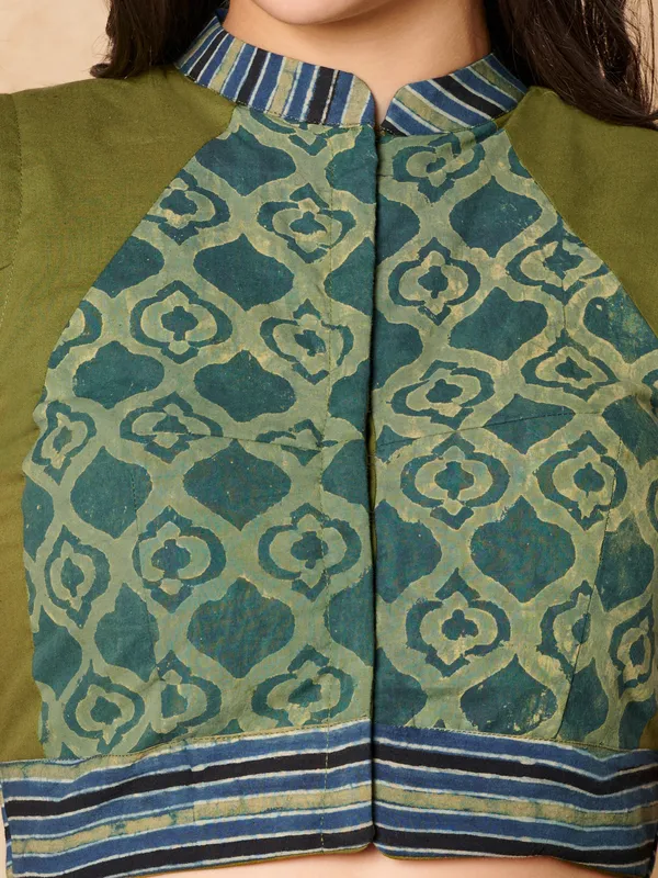 Green batik hand block printed cotton ready made blouse