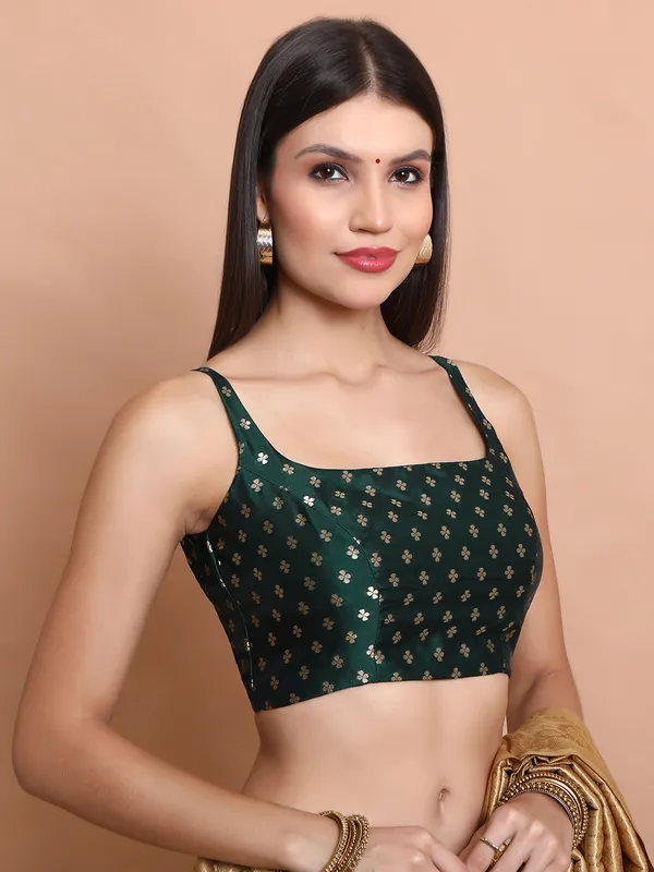 Green brocade round neck zari weaving blouse