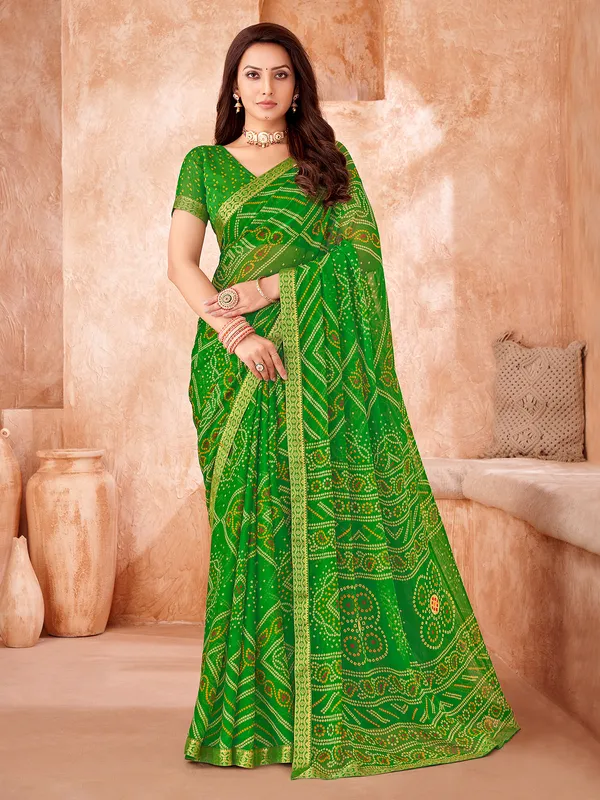 Green chiffon bandhani printed saree